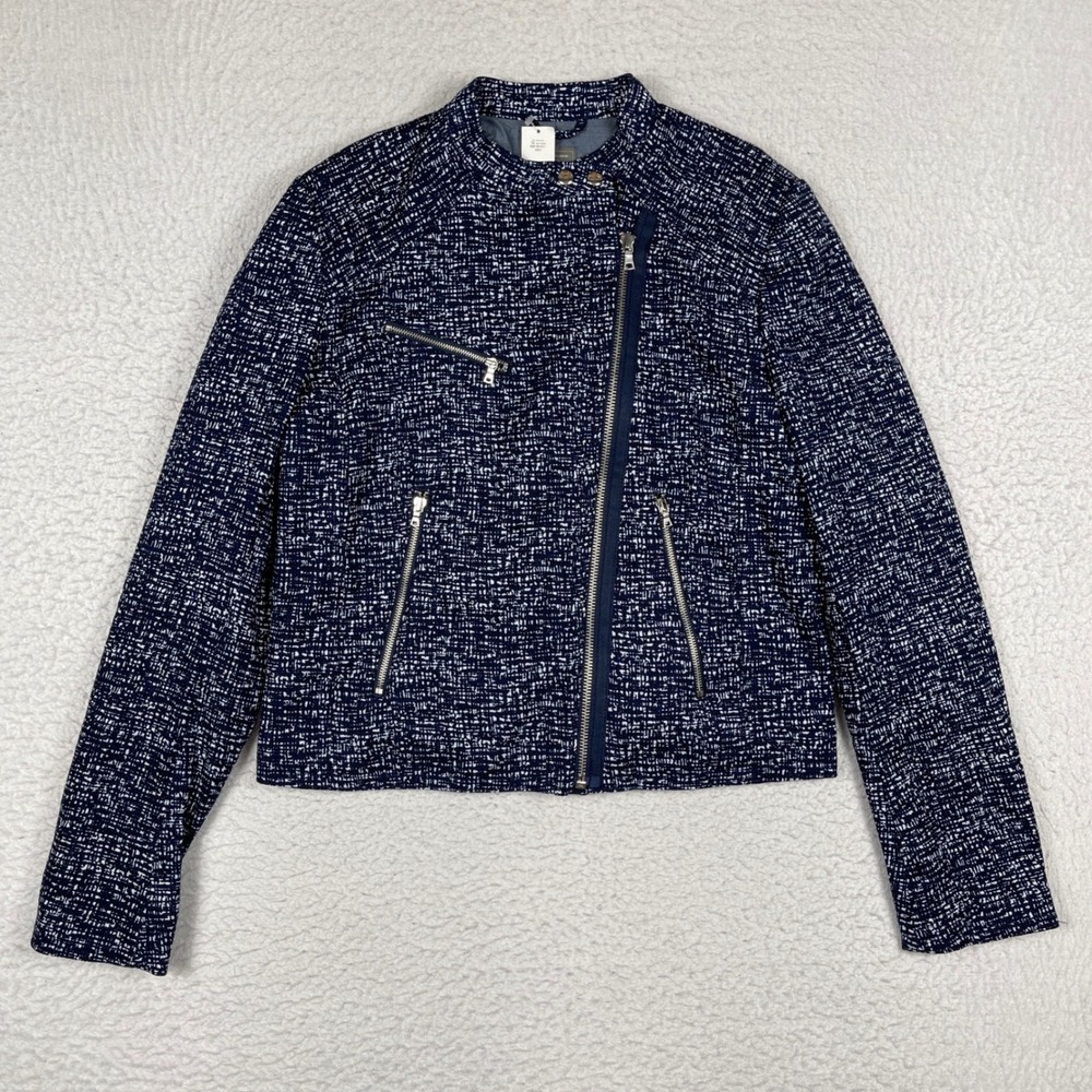 Gap Moto Jacket Womens‎ Large Tall Navy Print Textured Cotton Asymmetrical Zip